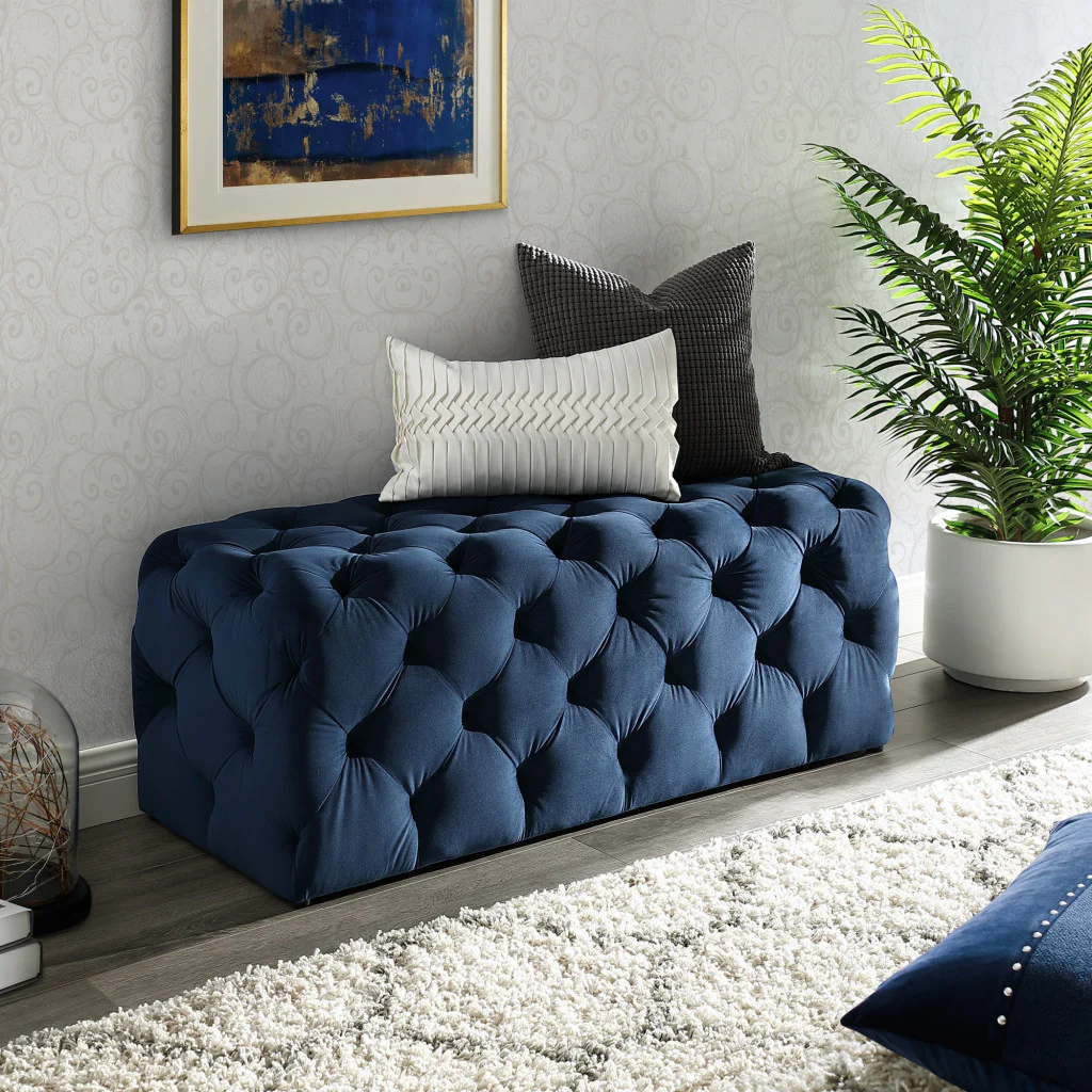 48" Navy Blue And Black Upholstered Velvet Bench By Homeroots - Image 8
