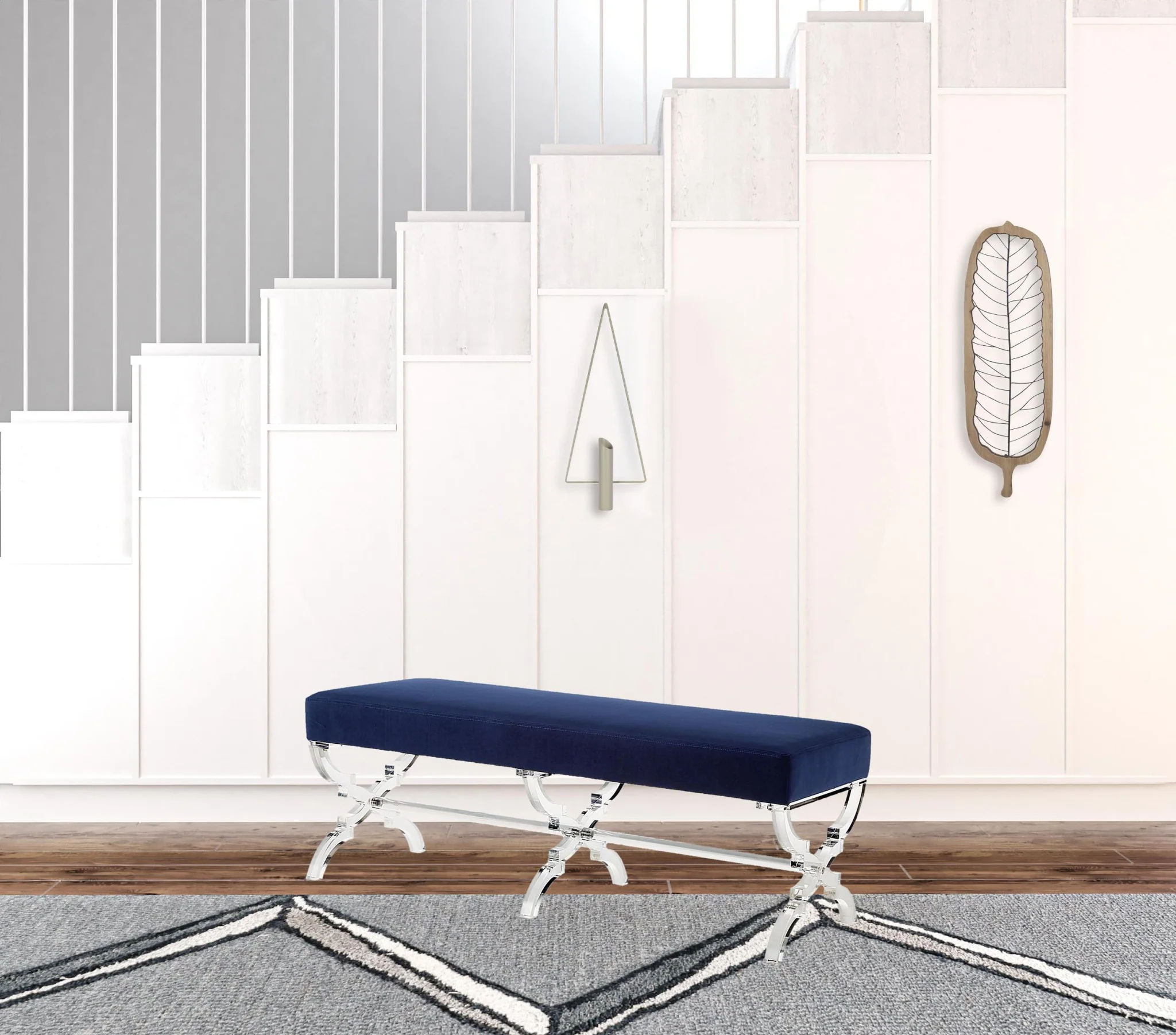 48" Navy Blue And Clear Upholstered Velvet Bench By Homeroots - Image 5
