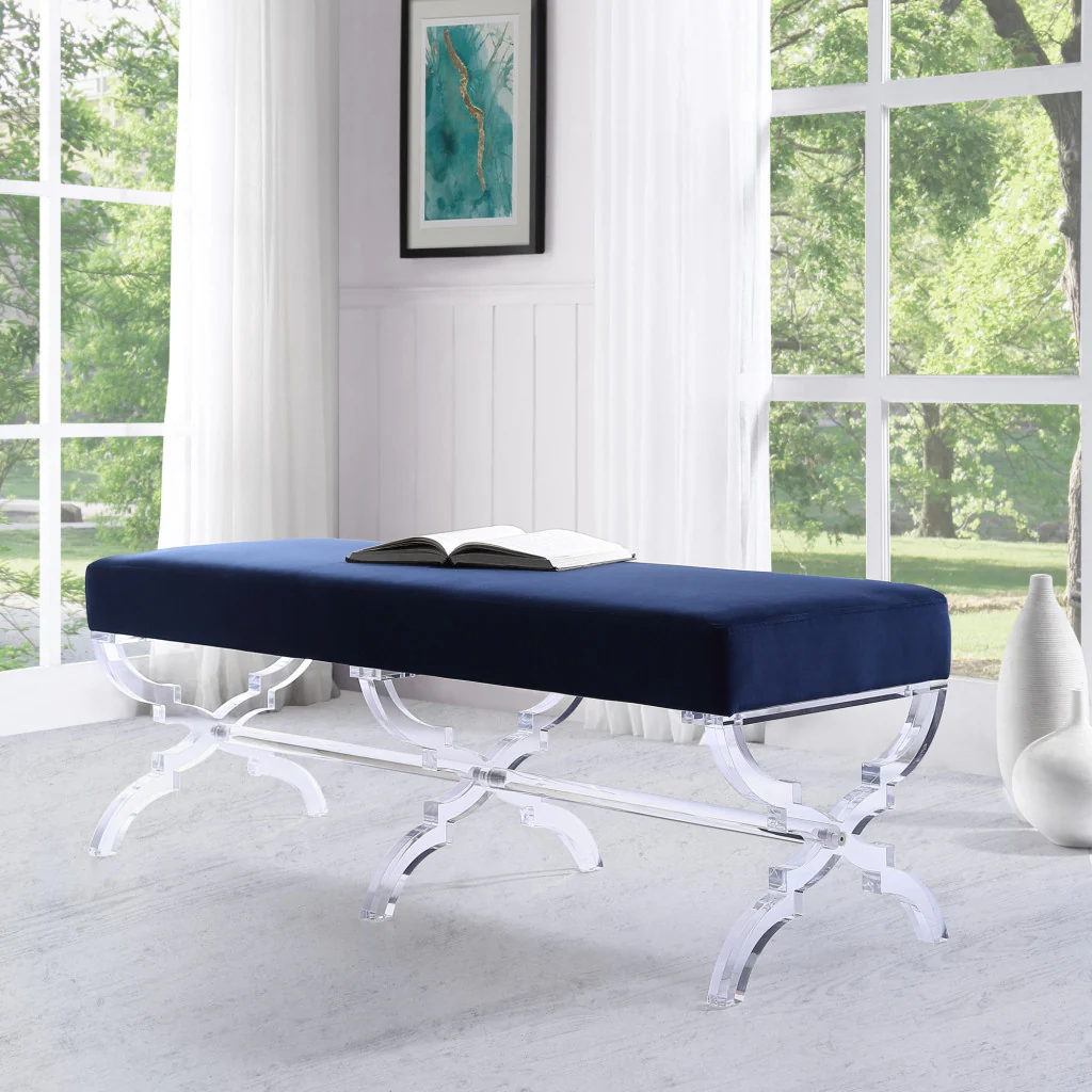 48" Navy Blue And Clear Upholstered Velvet Bench By Homeroots - Image 8
