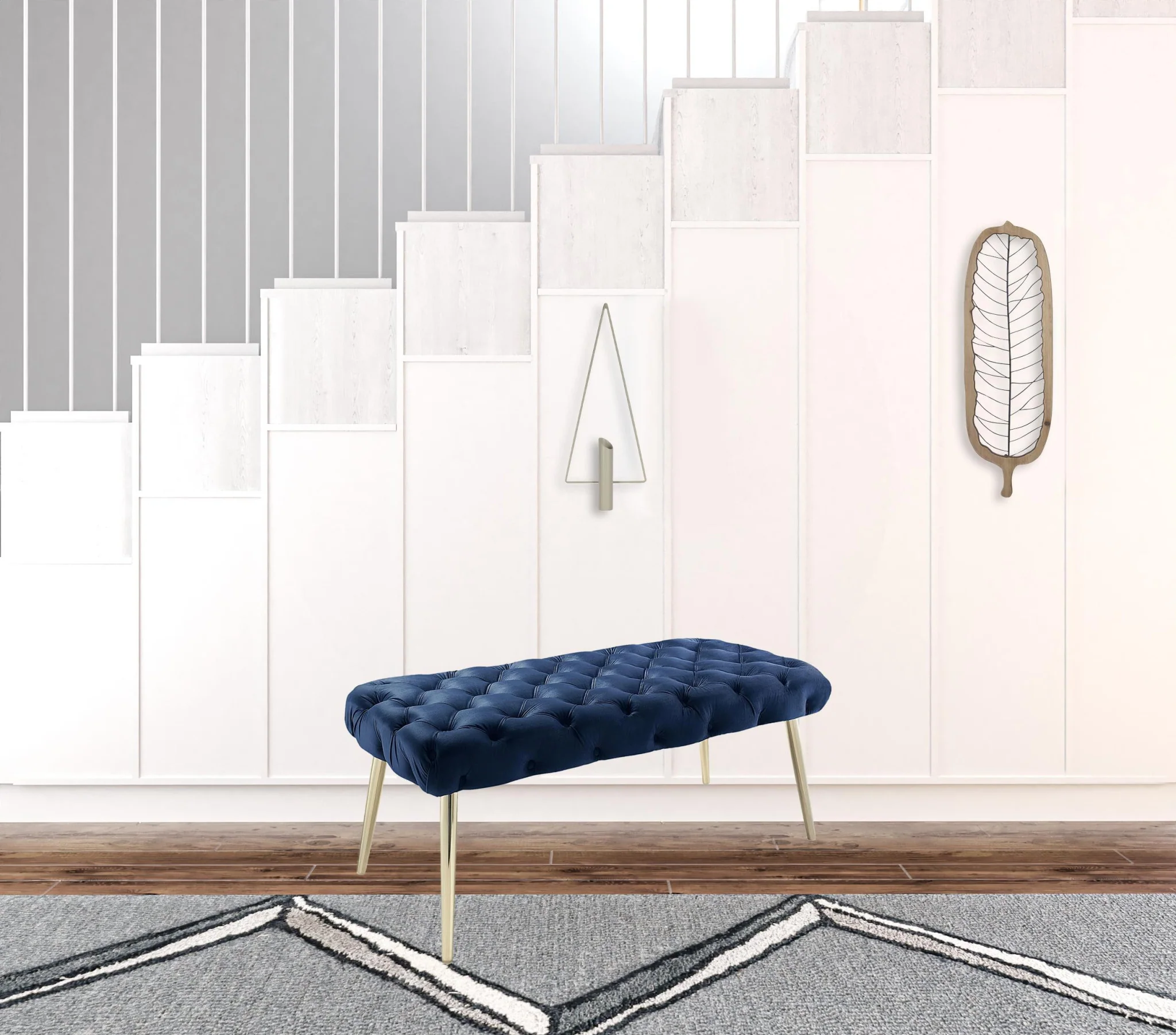 48" Navy Blue And Gold Upholstered Velvet Bench By Homeroots - Image 5