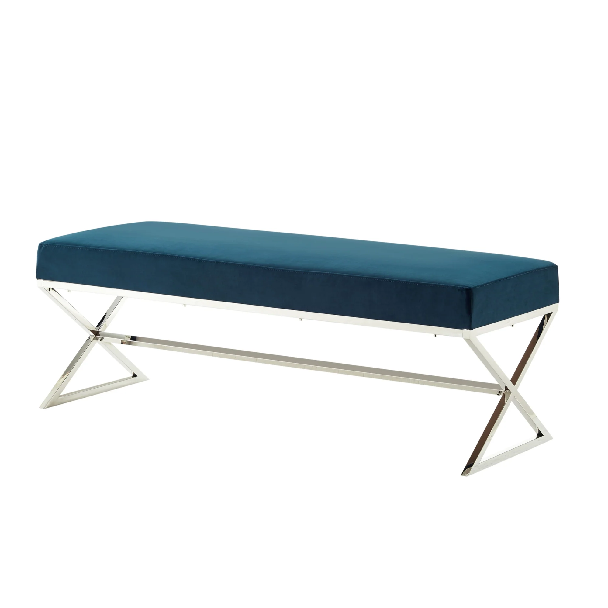 48" Navy Blue And Silver Upholstered Velvet Bench By Homeroots - Image 3