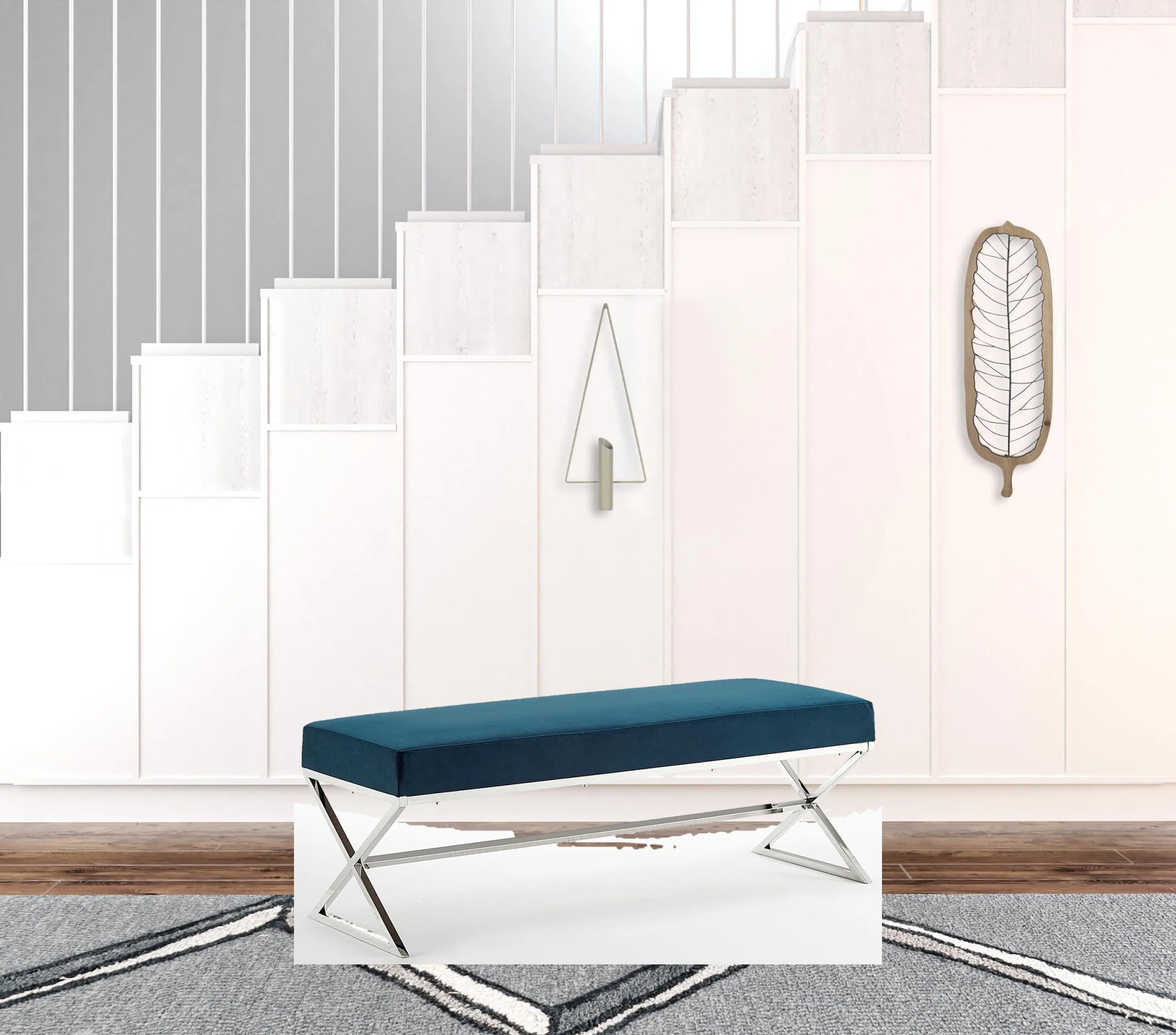 48" Navy Blue And Silver Upholstered Velvet Bench By Homeroots - Image 5