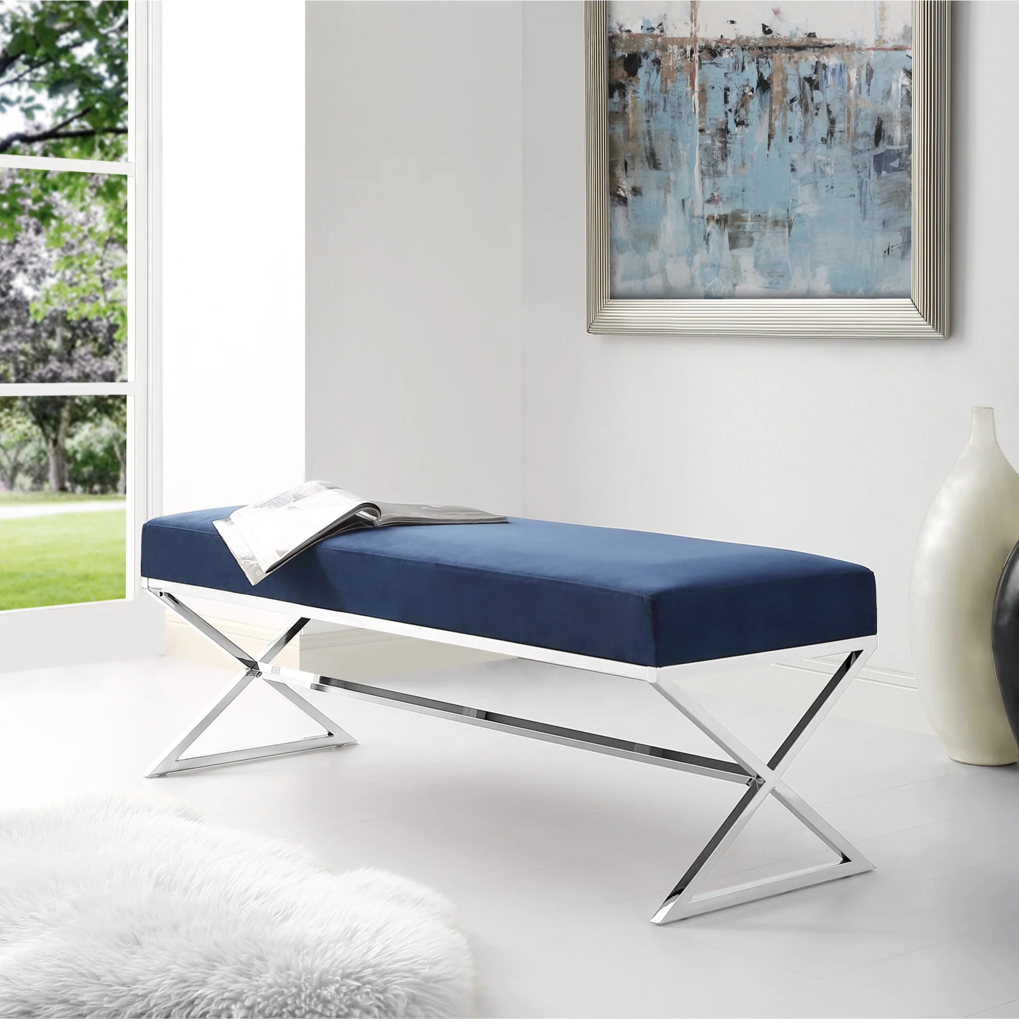 48" Navy Blue And Silver Upholstered Velvet Bench By Homeroots - Image 7