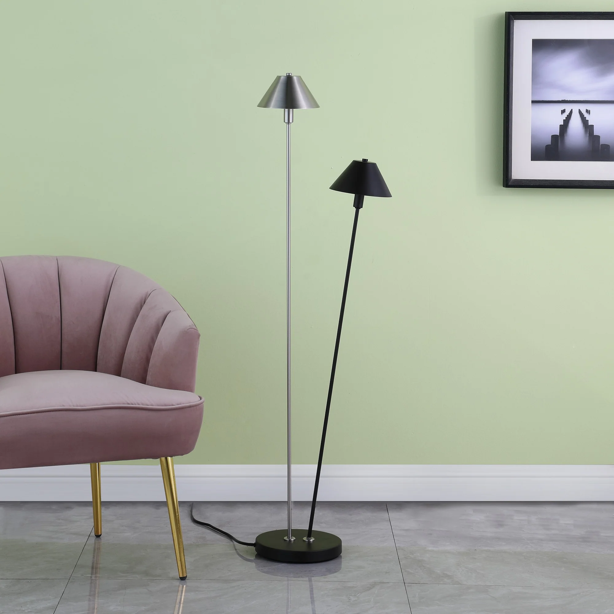 48" Nickel Two Lights LED Novelty Floor Lamp With Black And Silver Empire Shade By Homeroots - Image 2