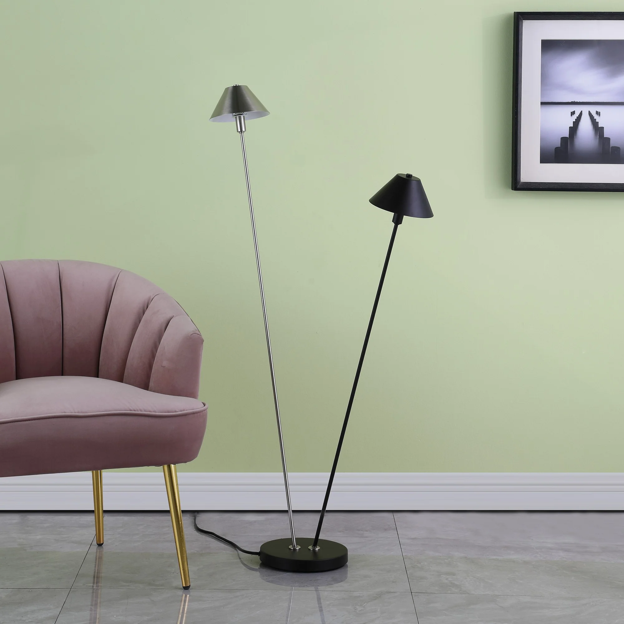 48" Nickel Two Lights LED Novelty Floor Lamp With Black And Silver Empire Shade By Homeroots - Image 5