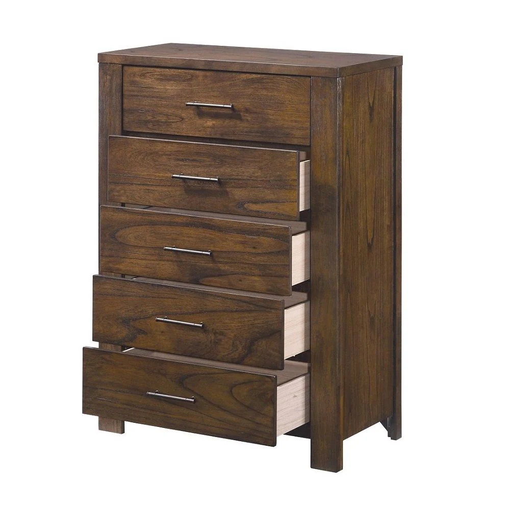 48' Oak Finish 5 Drawer Chest Dresser With Brass Metal Hardware By Homeroots - Image 3