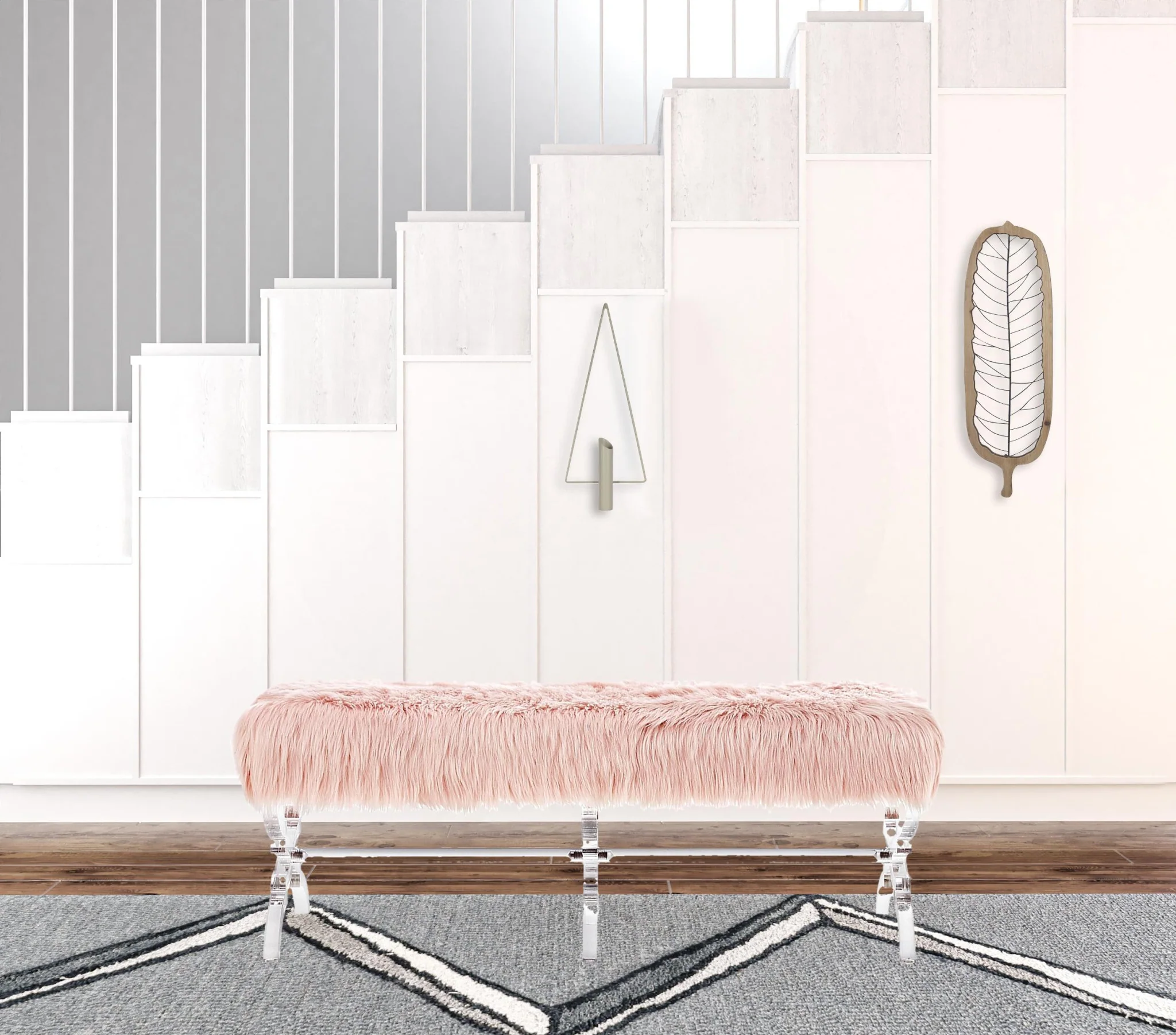 48" Rose And Clear Upholstered Faux Fur Bench By Homeroots - Image 4
