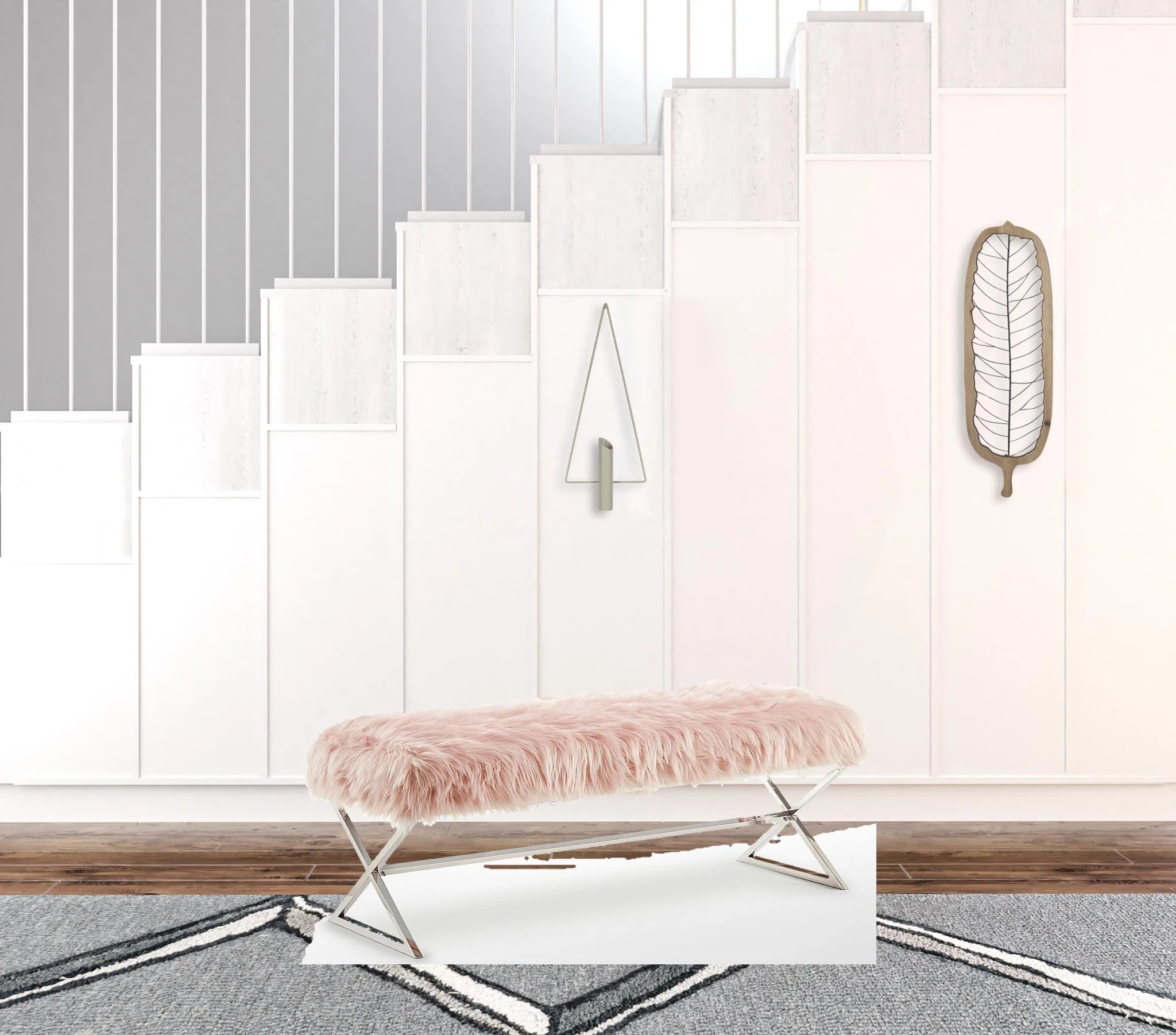 48" Rose And Silver Upholstered Faux Fur Bench By Homeroots - Image 5