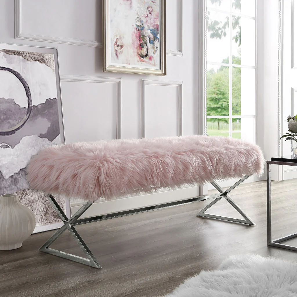 48" Rose And Silver Upholstered Faux Fur Bench By Homeroots - Image 7