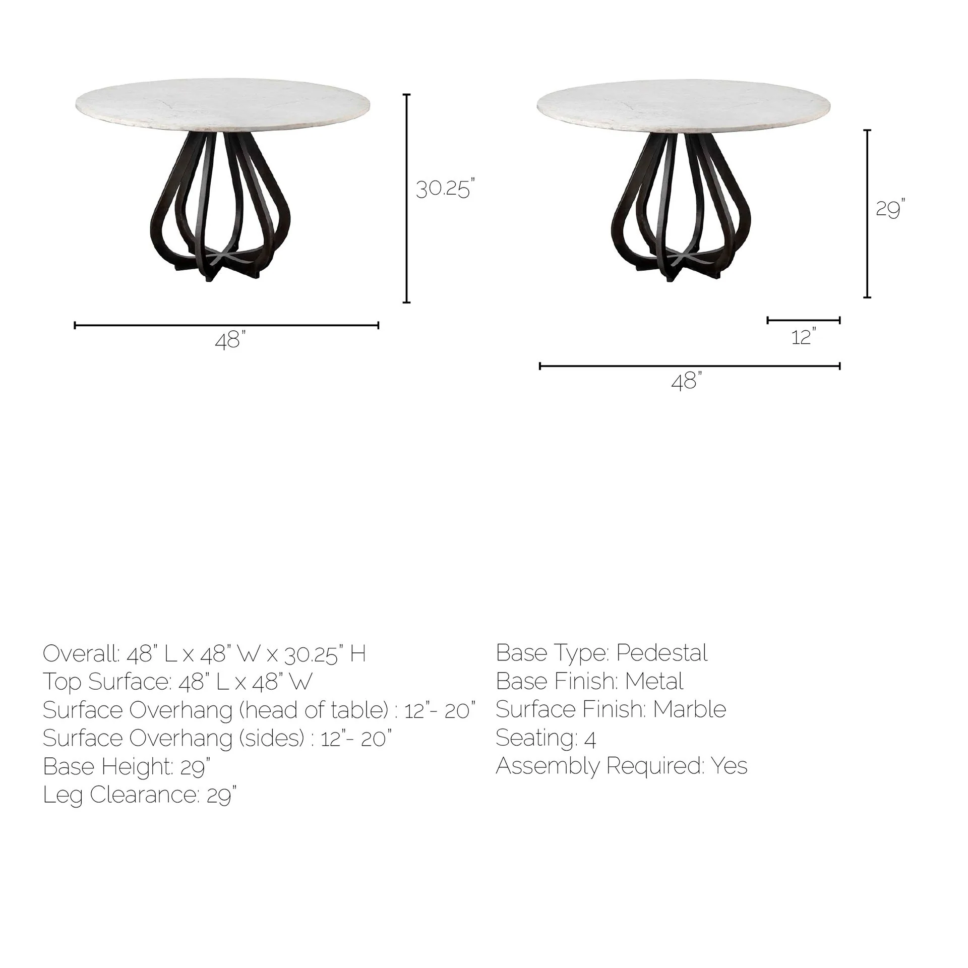 48' Round White Marble Top Black Base Dining Table By Homeroots - Image 6