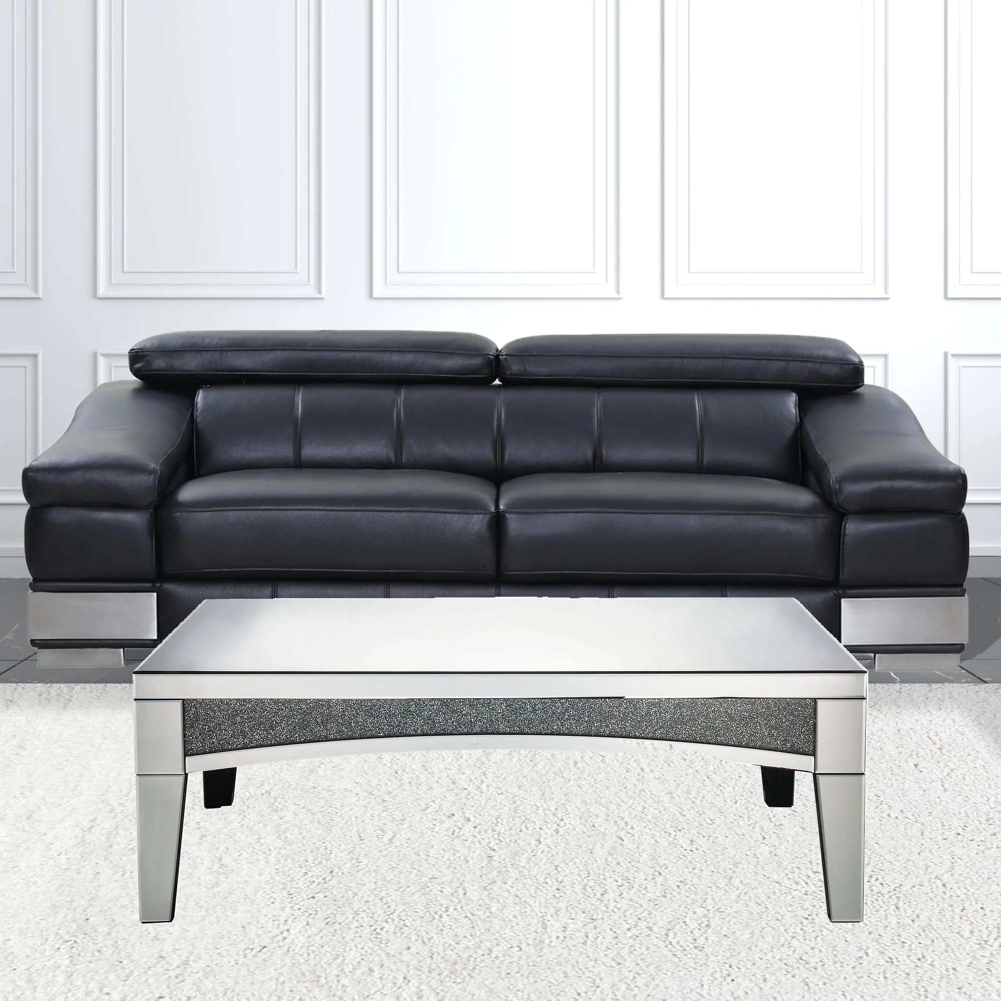 48" Silver Mirrored Glass and Faux Stone Bling Rectangular Coffee Table By Homeroots - Image 3