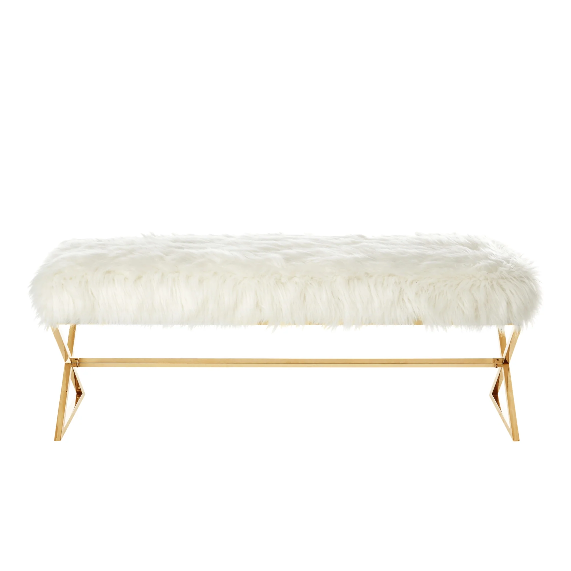 48" White And Gold Upholstered Faux Fur Bench By Homeroots - Image 2