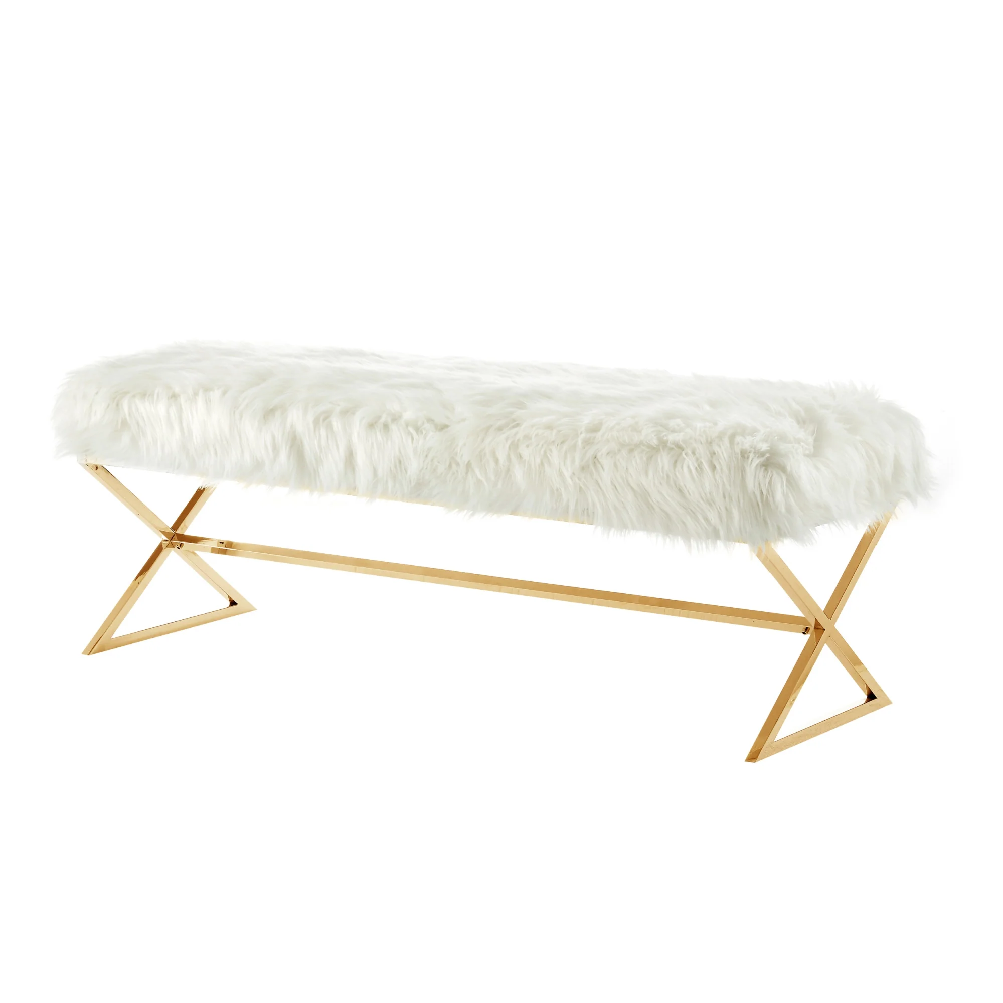 48" White And Gold Upholstered Faux Fur Bench By Homeroots - Image 3