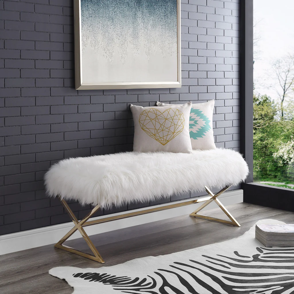 48" White And Gold Upholstered Faux Fur Bench By Homeroots - Image 7