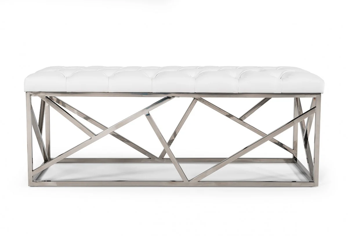 48" White And Silver Upholstered Faux leather Bench By Homeroots - Image 2