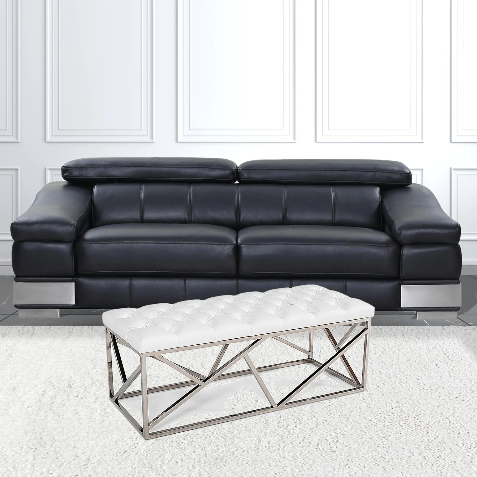48" White And Silver Upholstered Faux leather Bench By Homeroots - Image 4