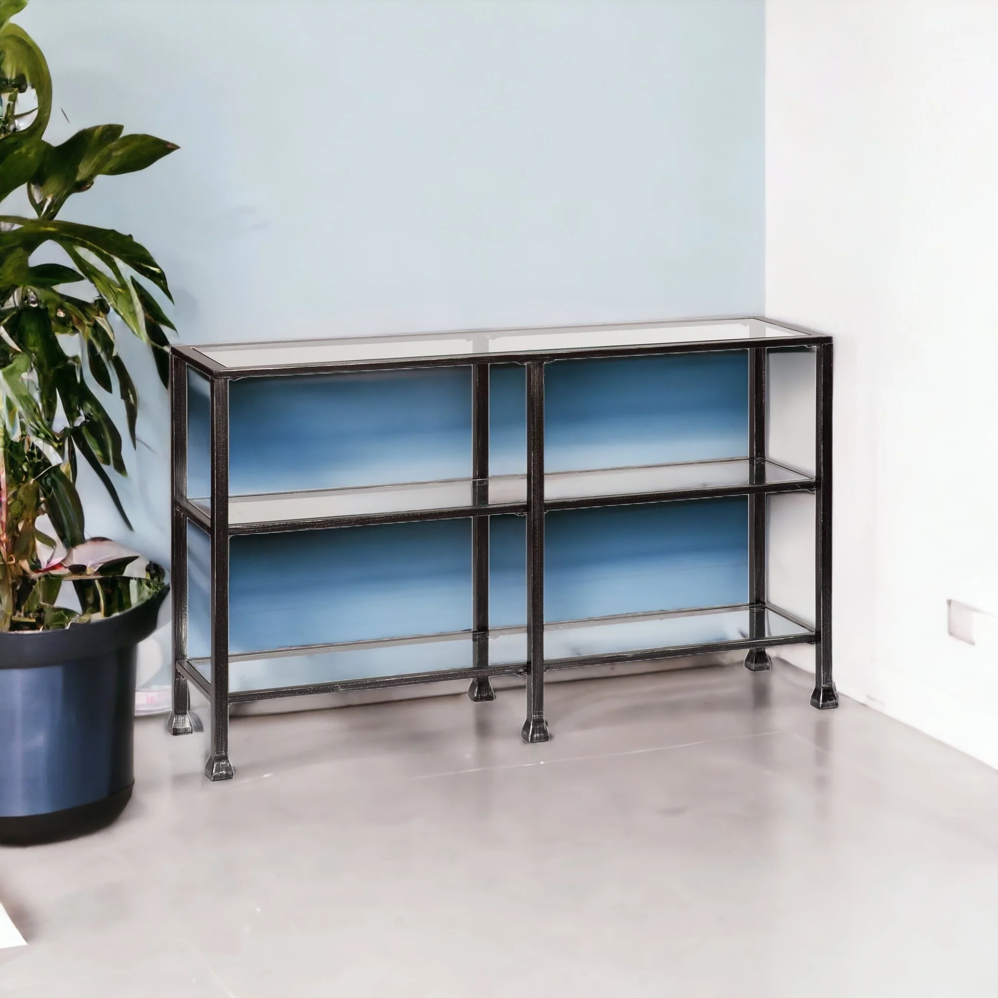 49" Clear and Black Glass Distressed Floor Shelf Console Table With Storage By Homeroots - Image 2