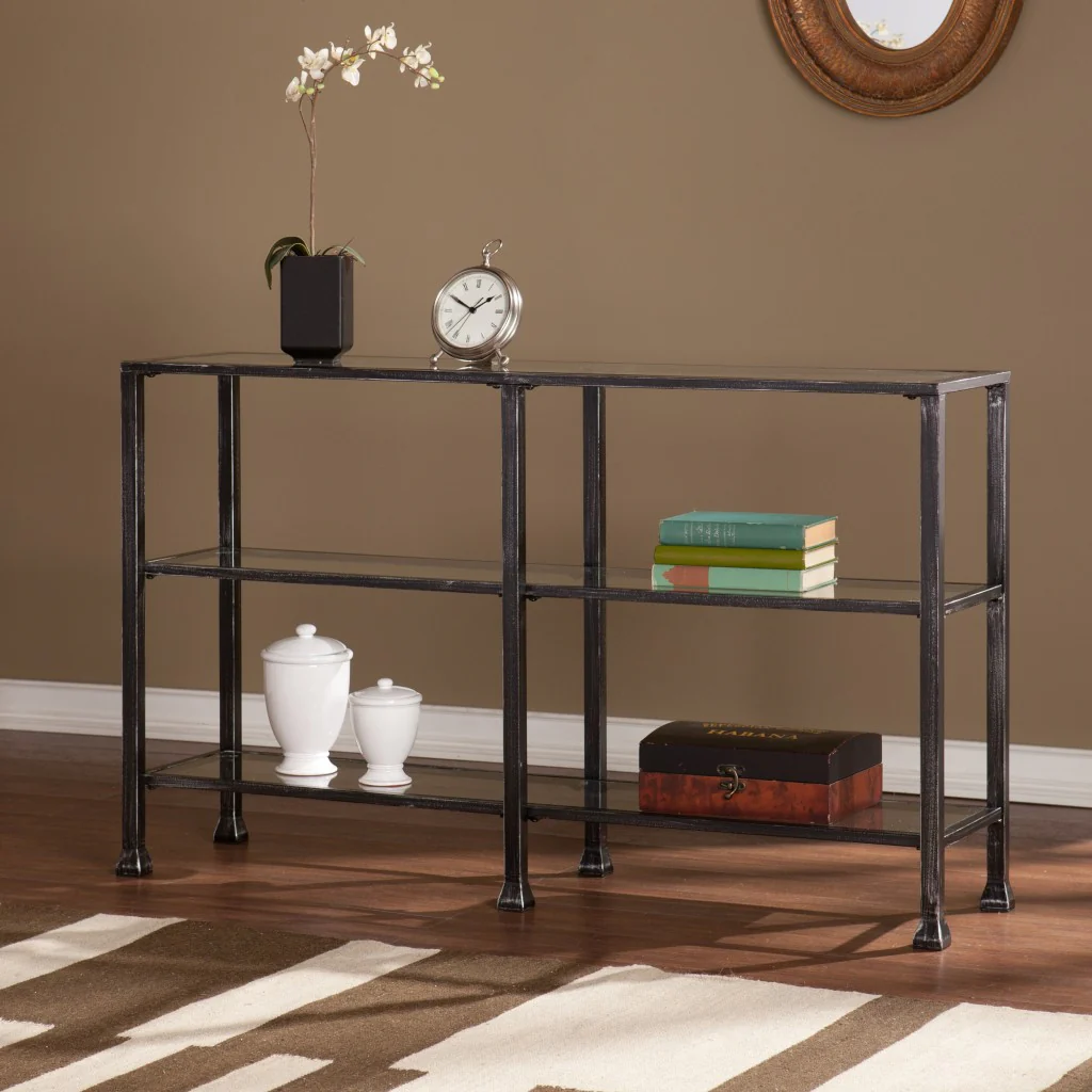 49" Clear and Black Glass Distressed Floor Shelf Console Table With Storage By Homeroots - Image 5