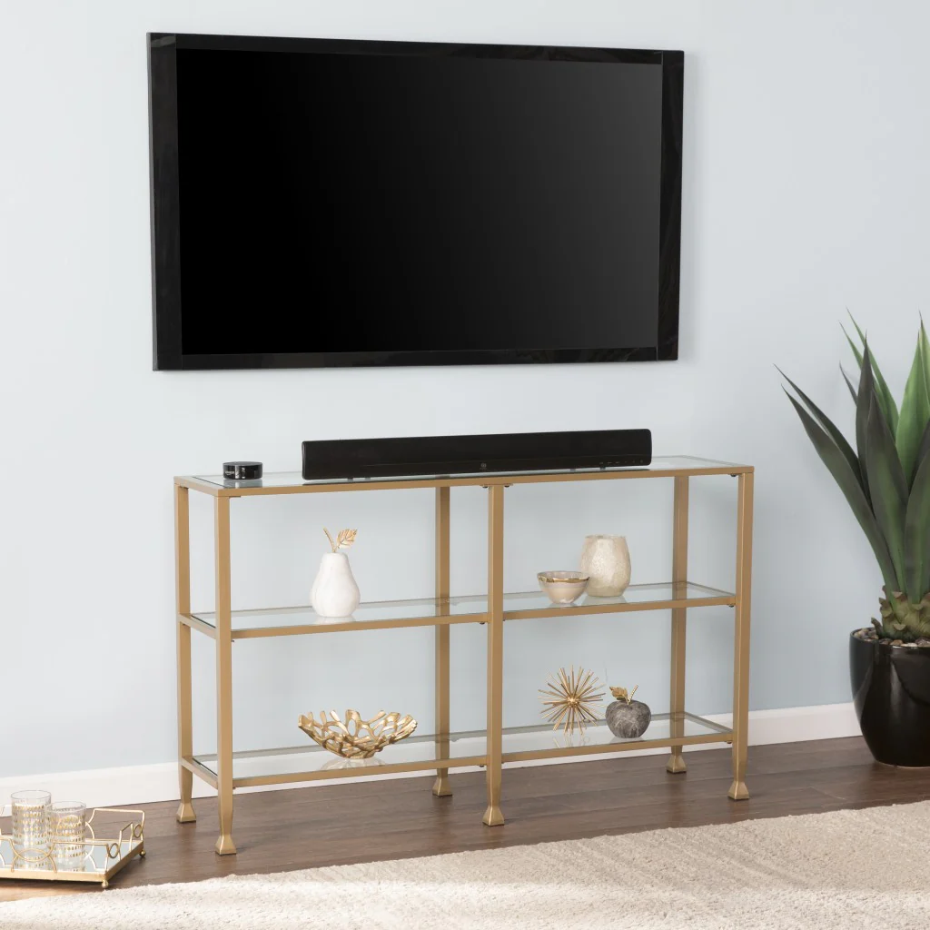 49" Clear and Gold Glass Floor Shelf Console Table With Storage By Homeroots - Image 7