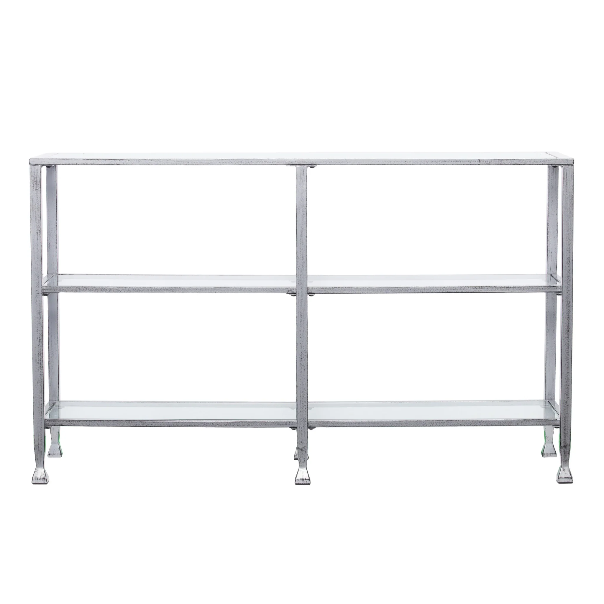 49" Clear and Silver Glass Distressed Floor Shelf Console Table With Storage By Homeroots - Image 2