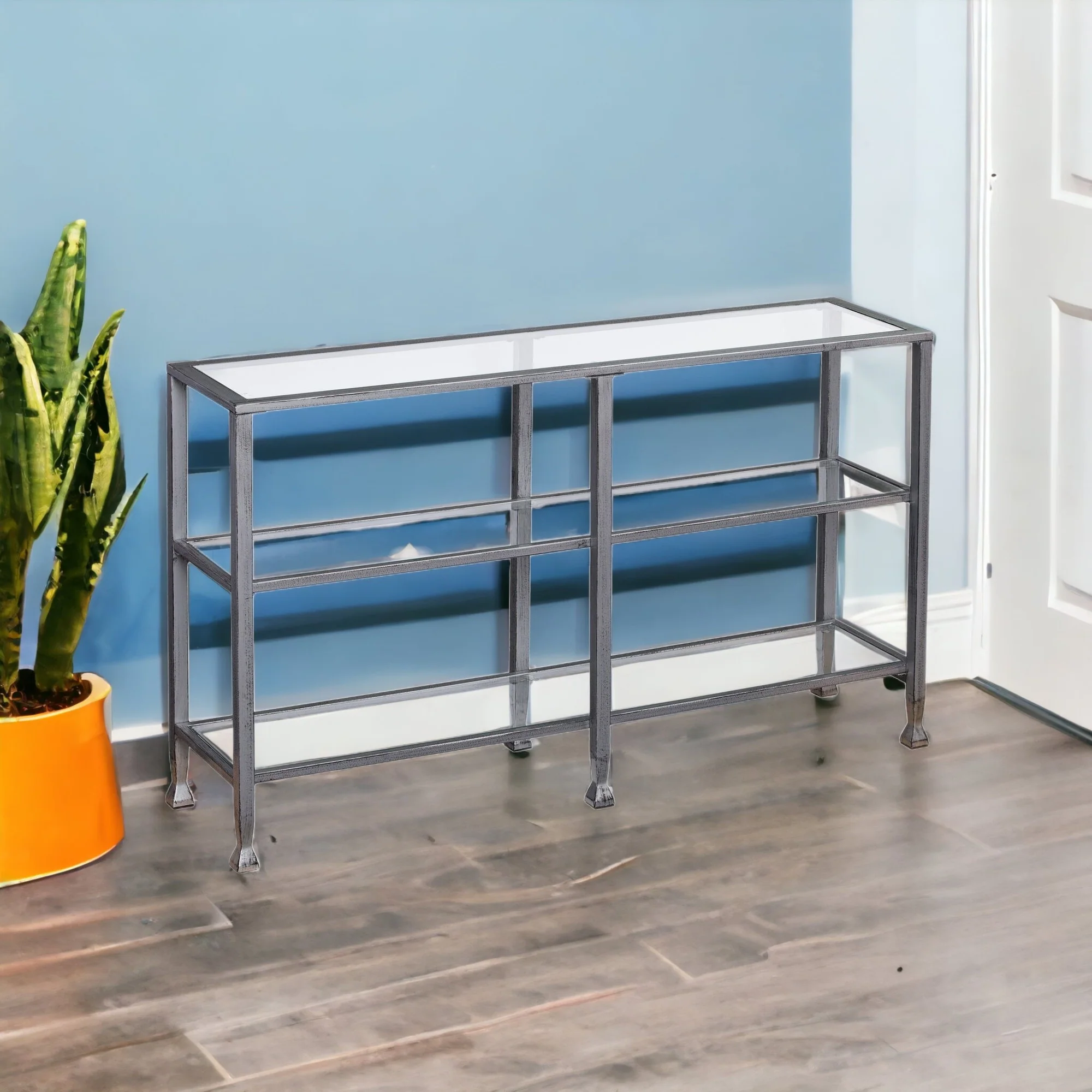 49" Clear and Silver Glass Distressed Floor Shelf Console Table With Storage By Homeroots - Image 6