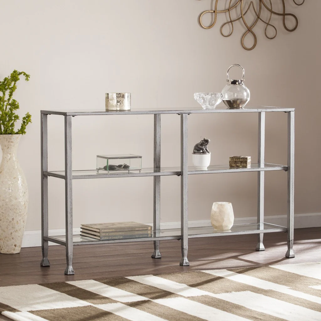 49" Clear and Silver Glass Distressed Floor Shelf Console Table With Storage By Homeroots - Image 7