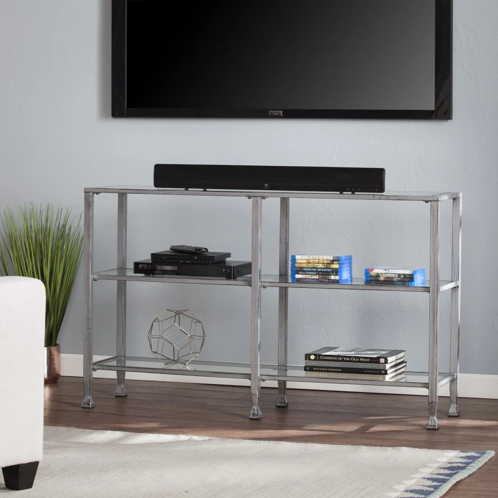 49" Clear and Silver Glass Distressed Floor Shelf Console Table With Storage By Homeroots - Image 8