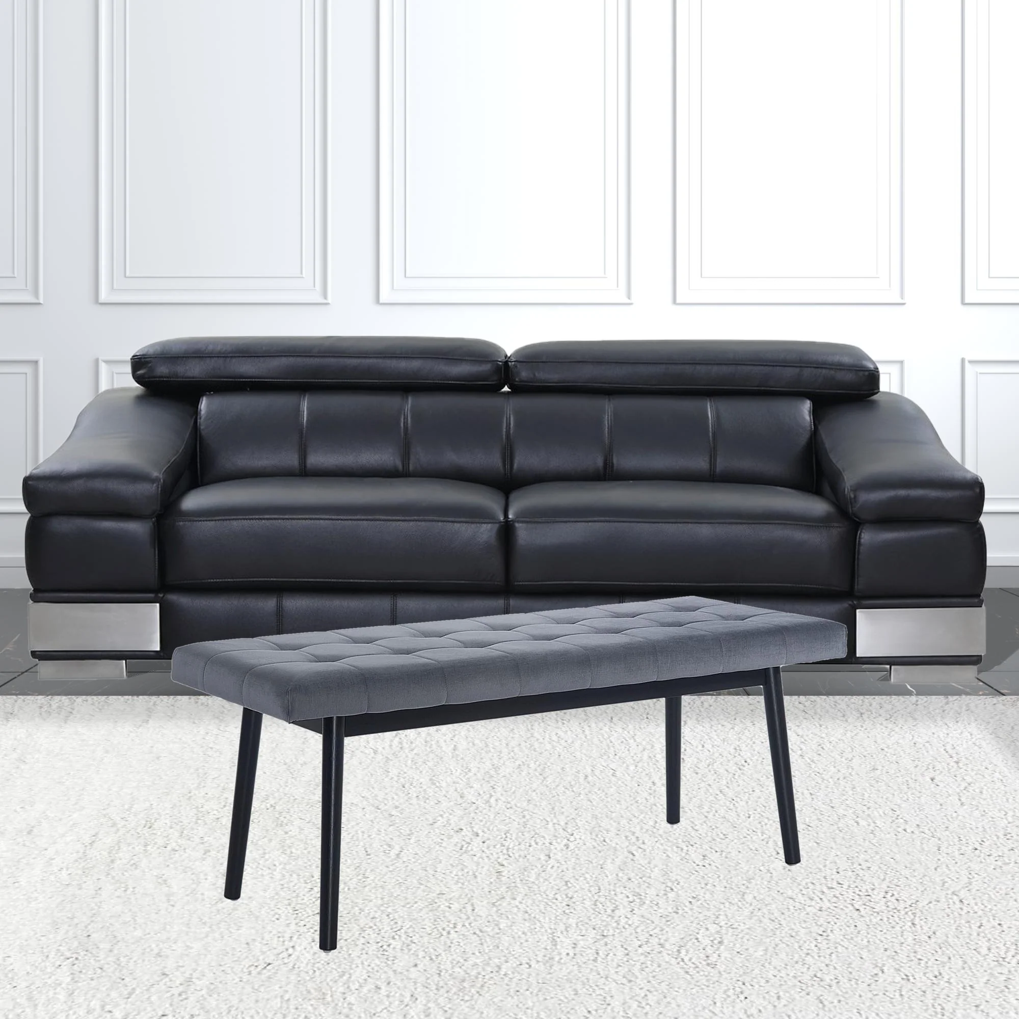 49" Gray And Black Upholstered Velvet Bench By Homeroots - Image 4