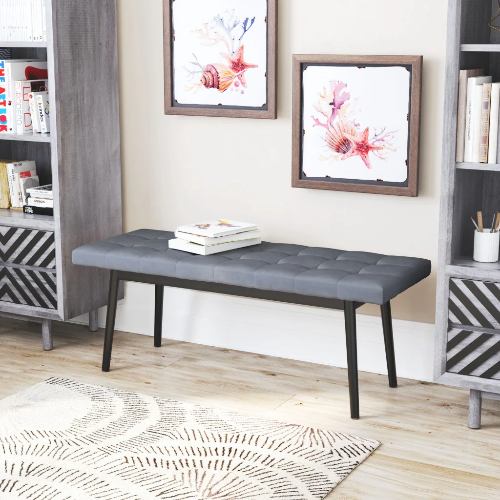 49" Gray And Black Upholstered Velvet Bench By Homeroots - Image 6