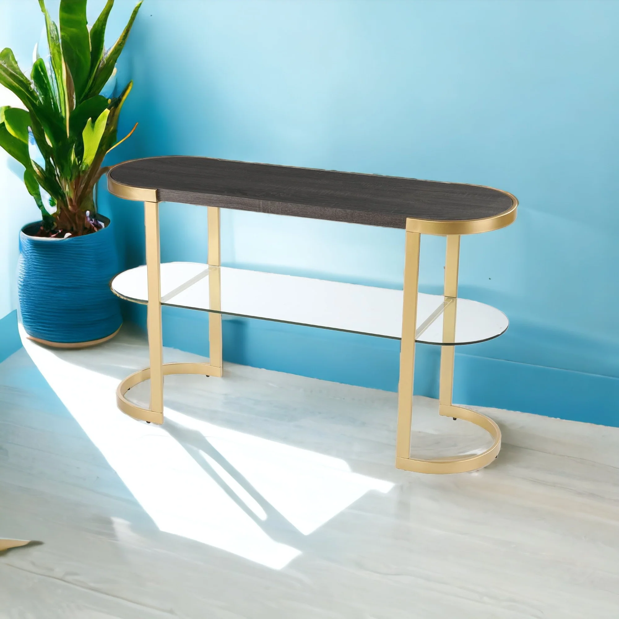 49" Gray and Gold Solid Wood Oval Sled Console Table With Storage By Homeroots - Image 4