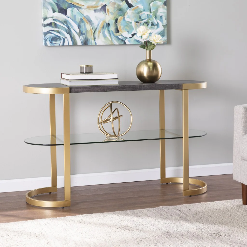 49" Gray and Gold Solid Wood Oval Sled Console Table With Storage By Homeroots - Image 5