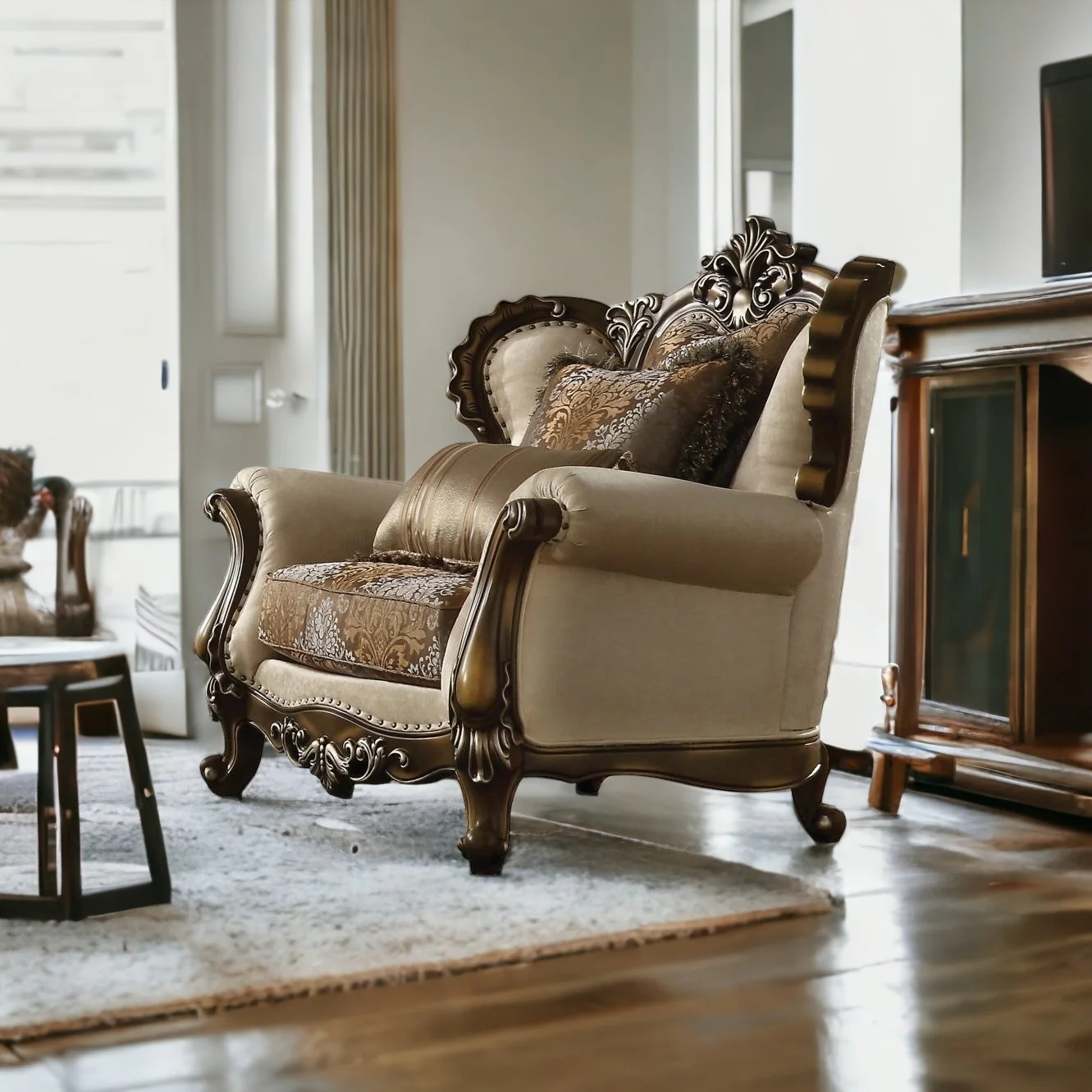 49" Tan And Brown Fabric Floral Tufted Wingback Chair By Homeroots - Image 2