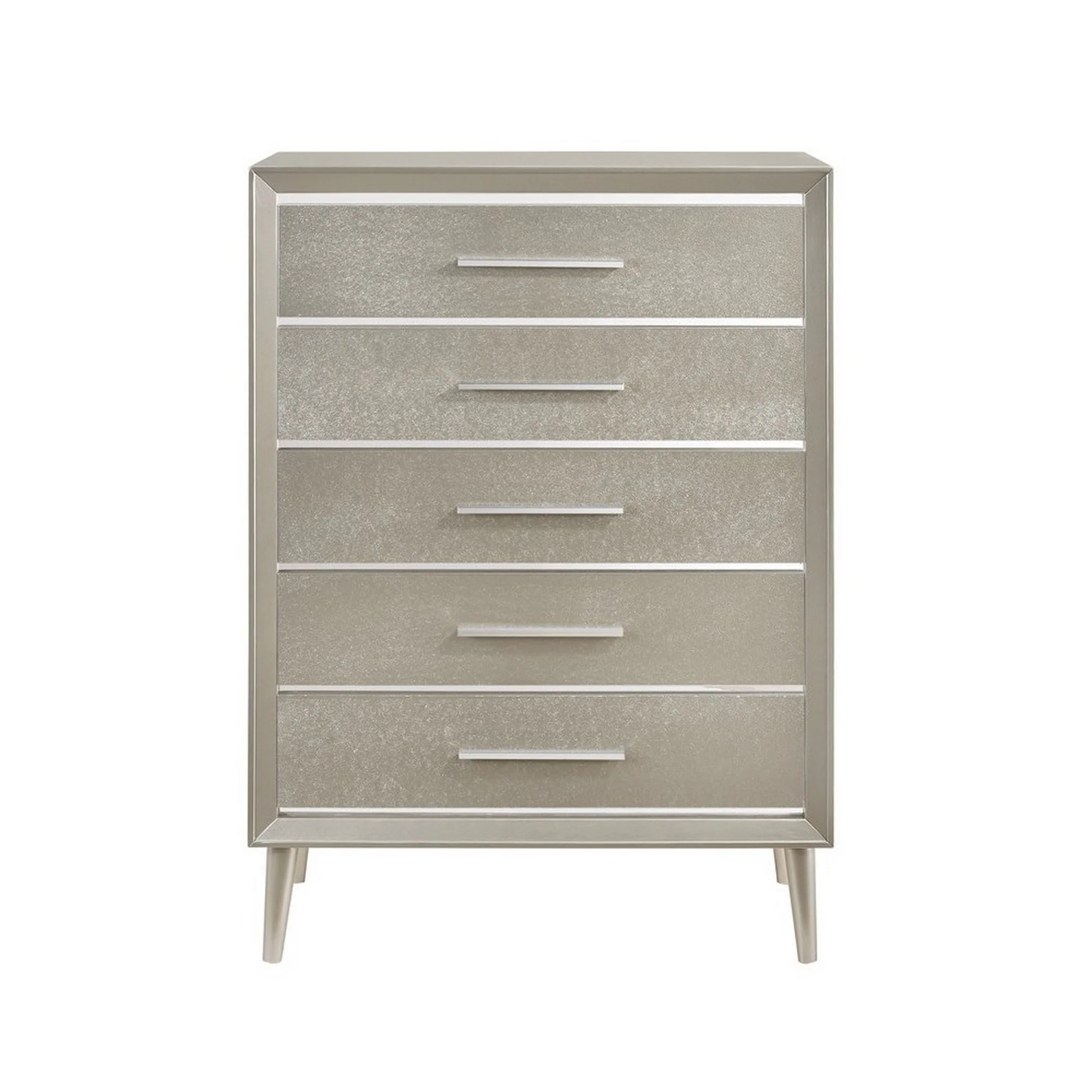 5 Drawer Contemporary Chest With Bar Handles And Splayed Legs, Silver By Benzara - Image 2