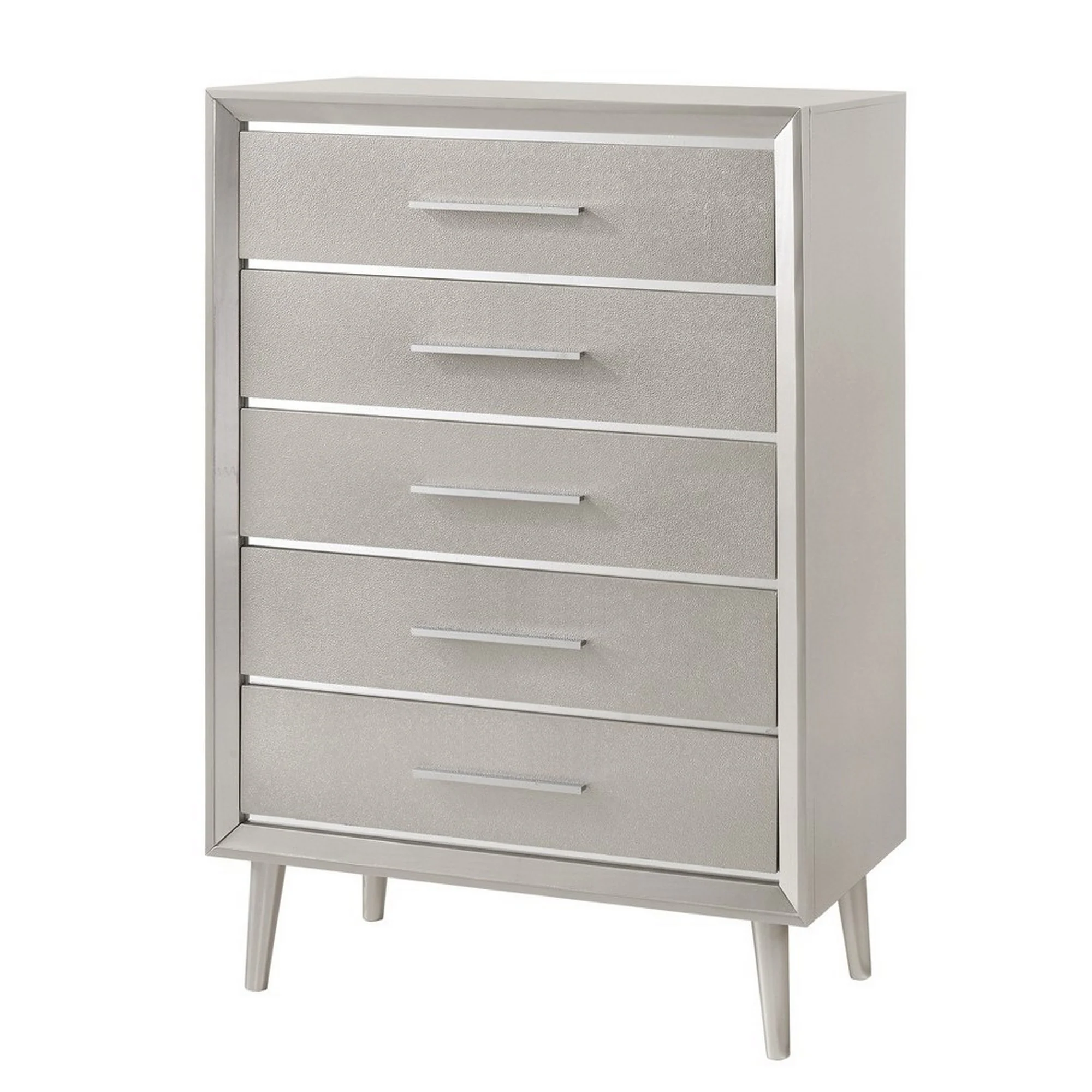 5 Drawer Contemporary Chest With Bar Handles And Splayed Legs, Silver By Benzara - Image 6