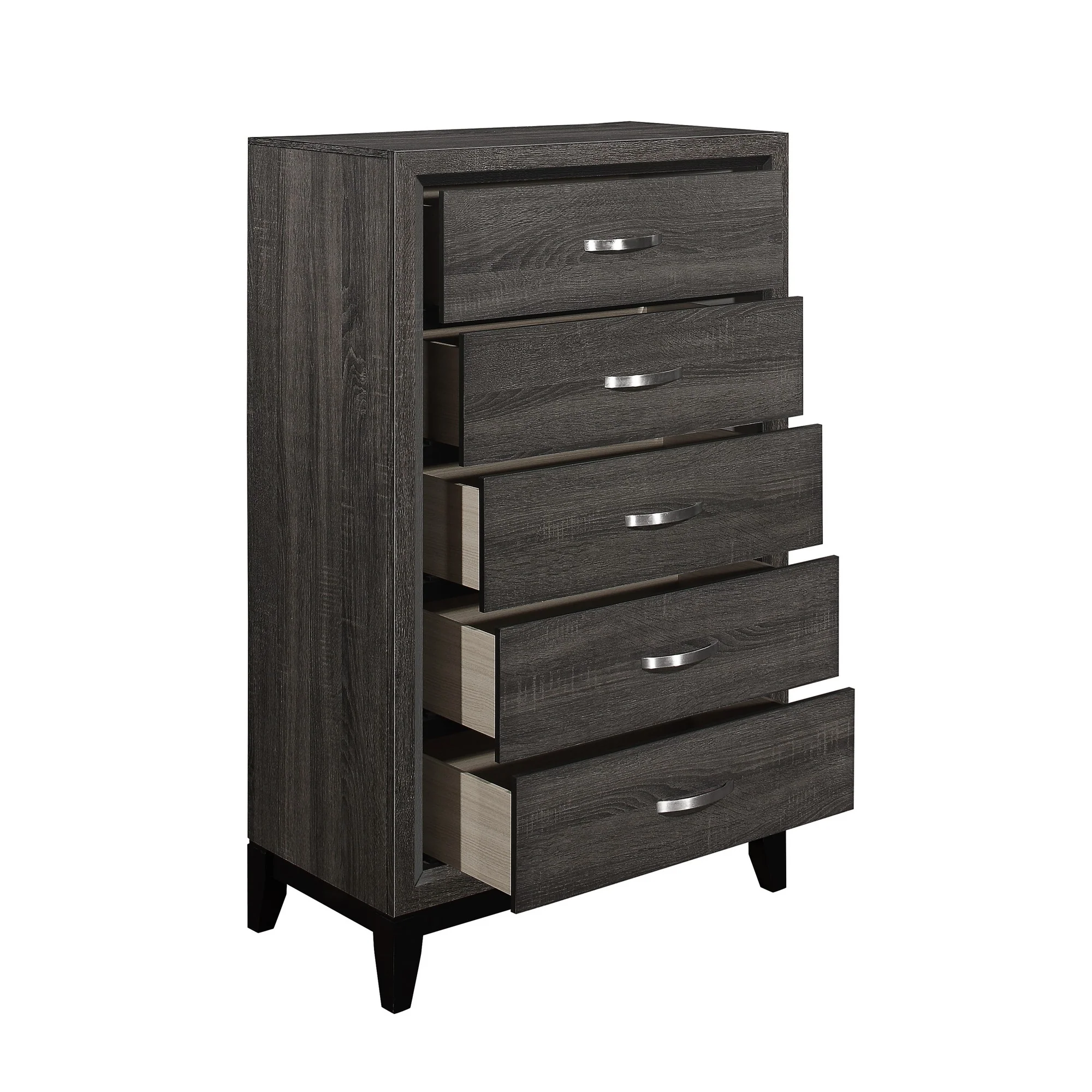 5 Drawer Wooden Chest With Grain Details And Chamfered Feet, Gray By Benzara - Image 3