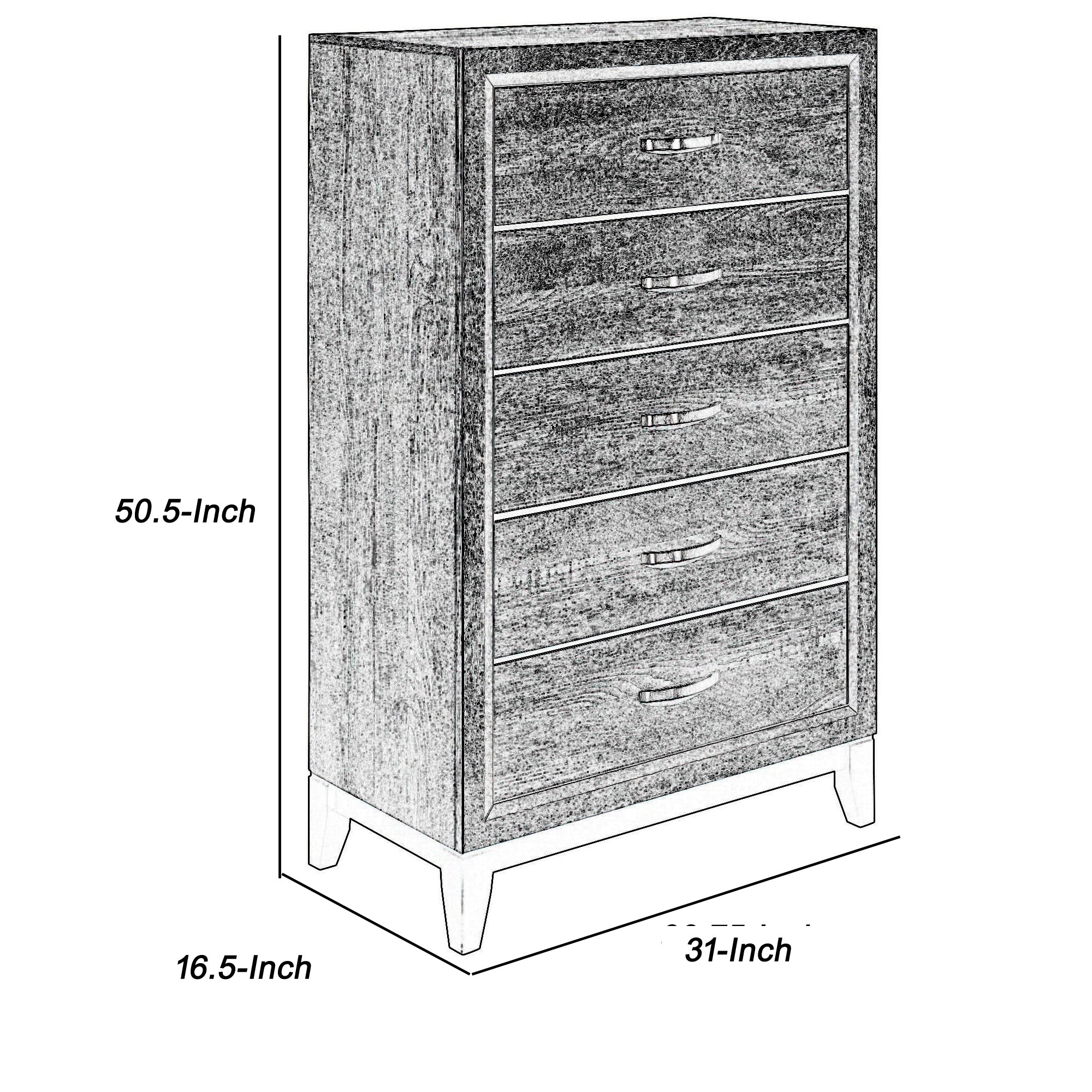 5 Drawer Wooden Chest With Grain Details And Chamfered Feet, Gray By Benzara - Image 5