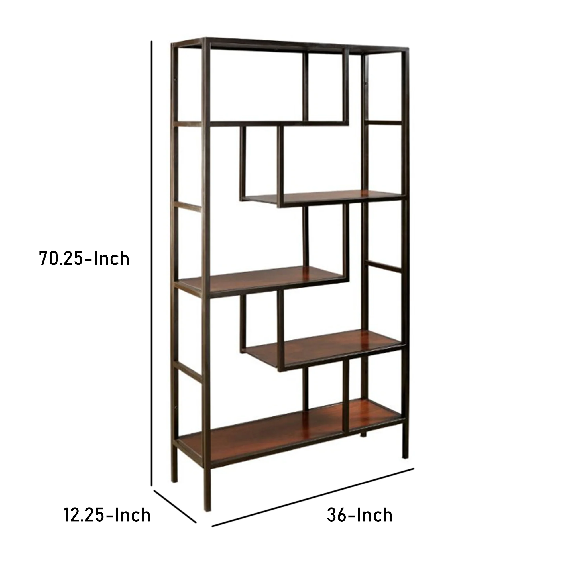 5 Shelves Asymmetric Design Bookcase With Metal Frame, Brown And Black By Benzara - Image 2