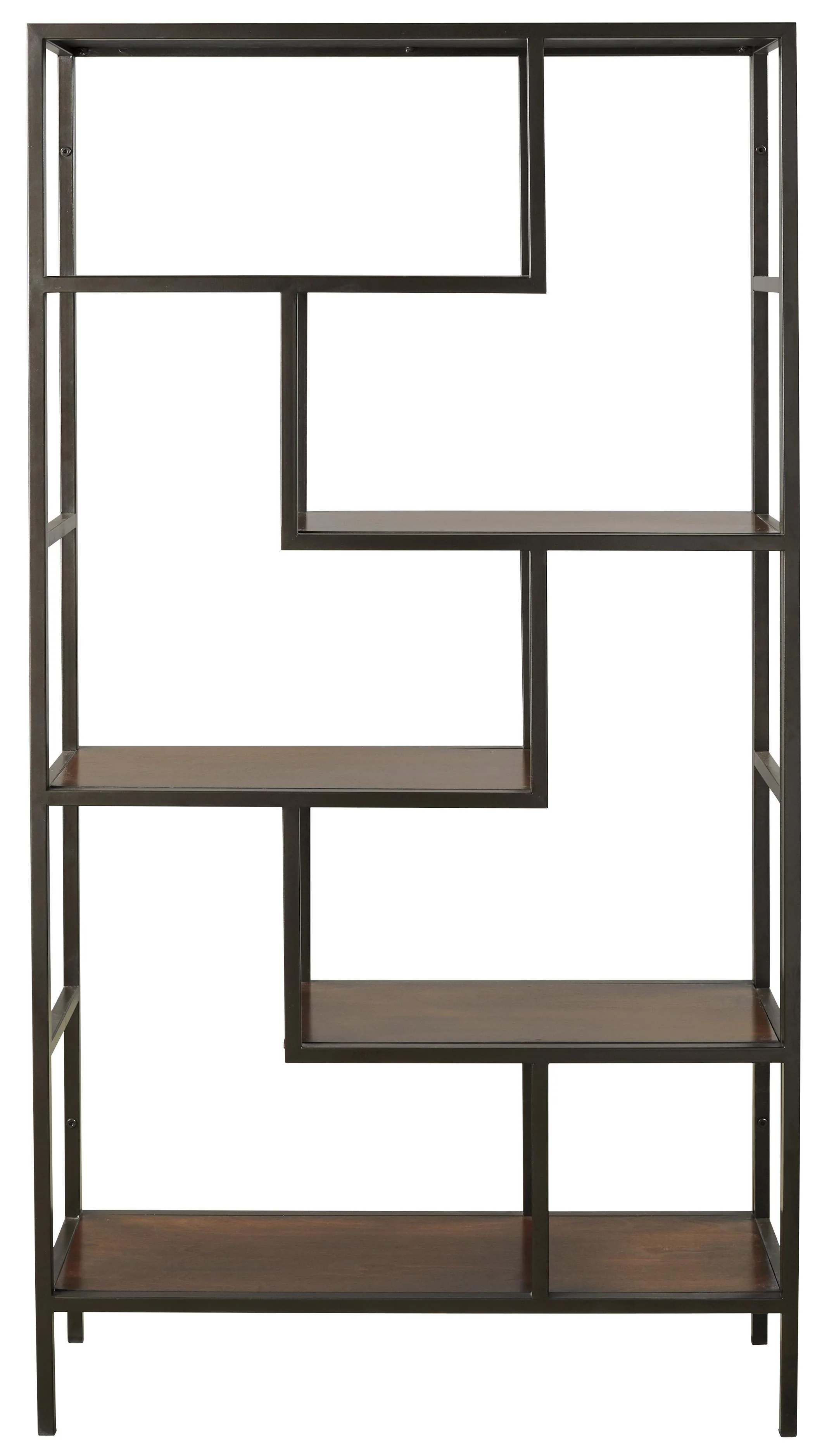 5 Shelves Asymmetric Design Bookcase With Metal Frame, Brown And Black By Benzara - Image 5