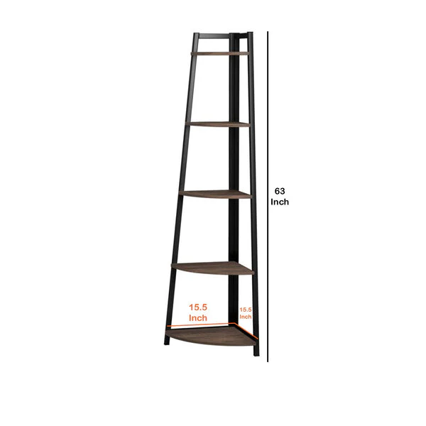 5 Tier Wooden Corner Bookcase With Metal Frame Brown And Black By Benzara - Image 5