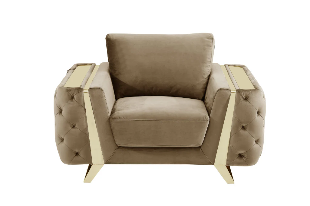 50" Beige and Gold Velvet Chair Arm Chair By Homeroots - Image 2