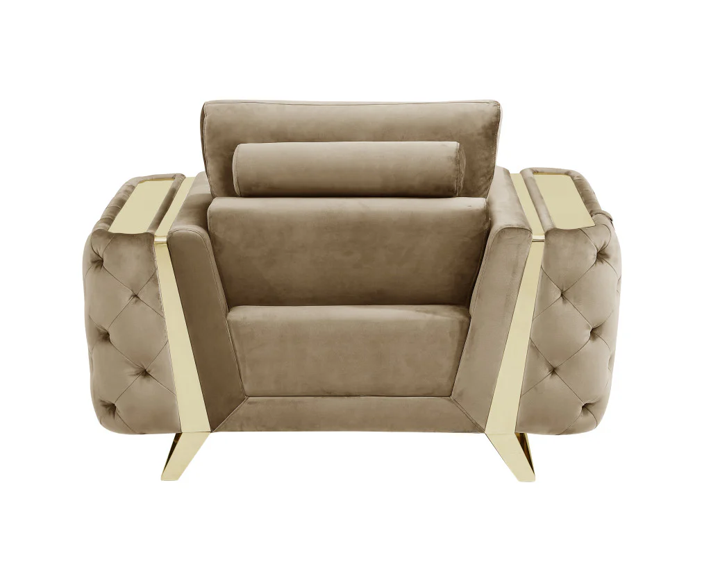 50" Beige and Gold Velvet Chair Arm Chair By Homeroots - Image 4