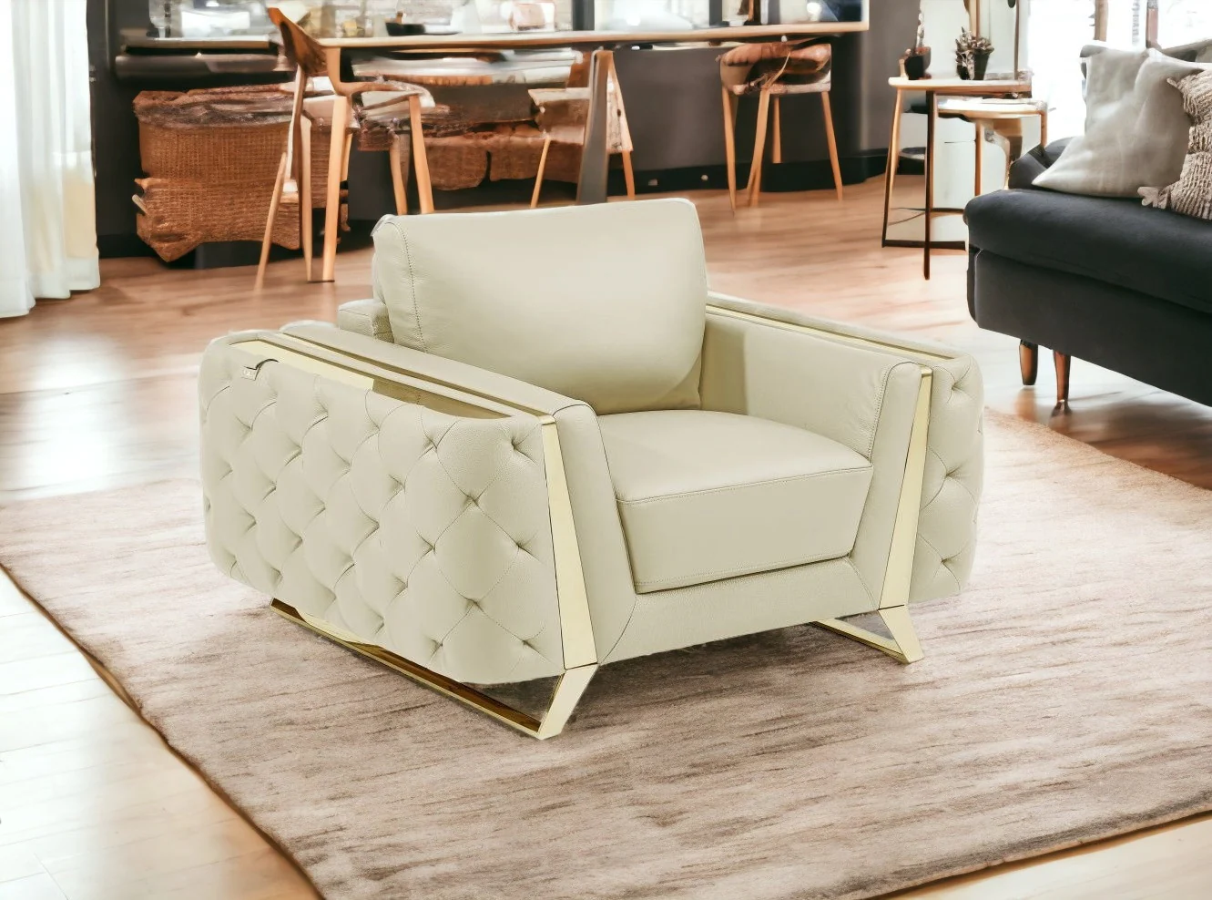 50" Beige and Silver Faux Leather Tufted Arm Chair By Homeroots - Image 6