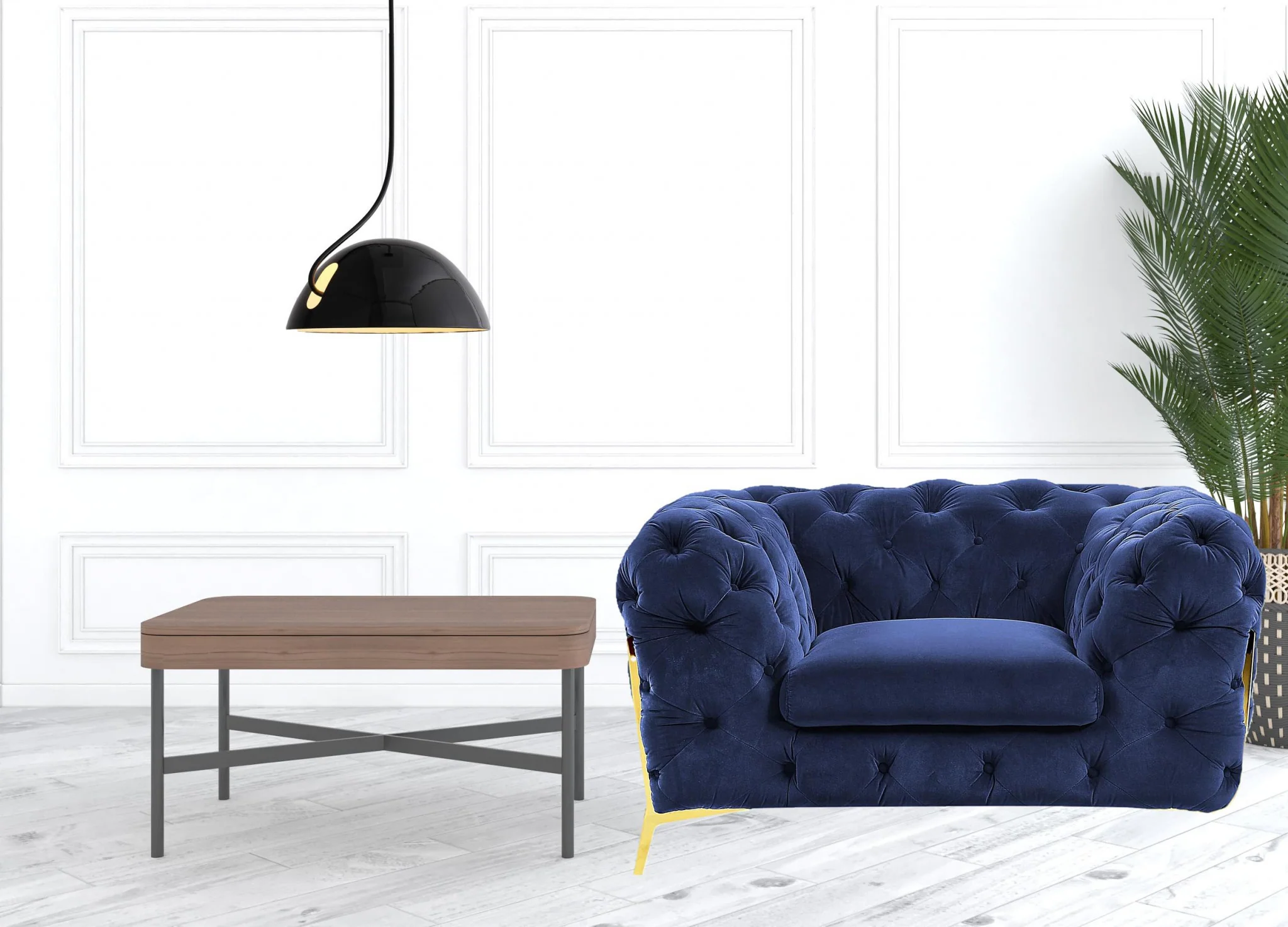 50" Blue Tufted Velvet And Gold Solid Color Lounge Chair By Homeroots - Image 4