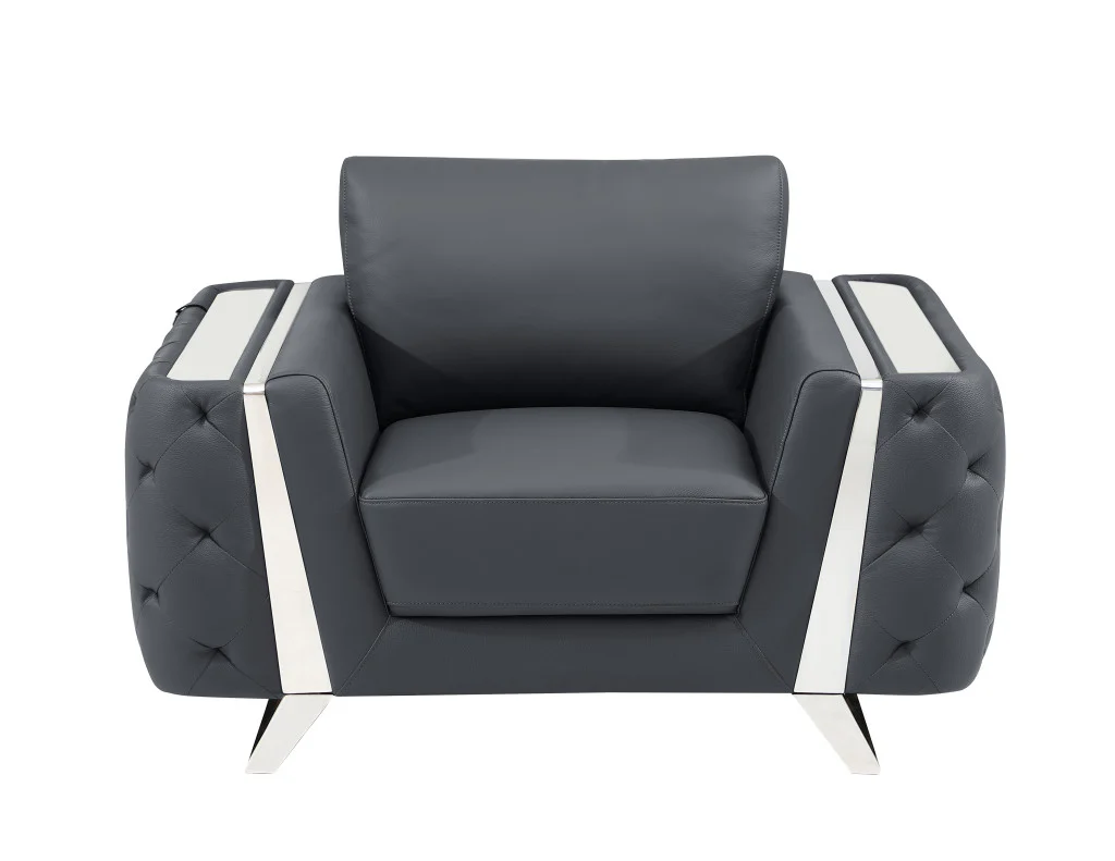50" Dark Gray and Silver Faux Leather Tufted Arm Chair By Homeroots - Image 2
