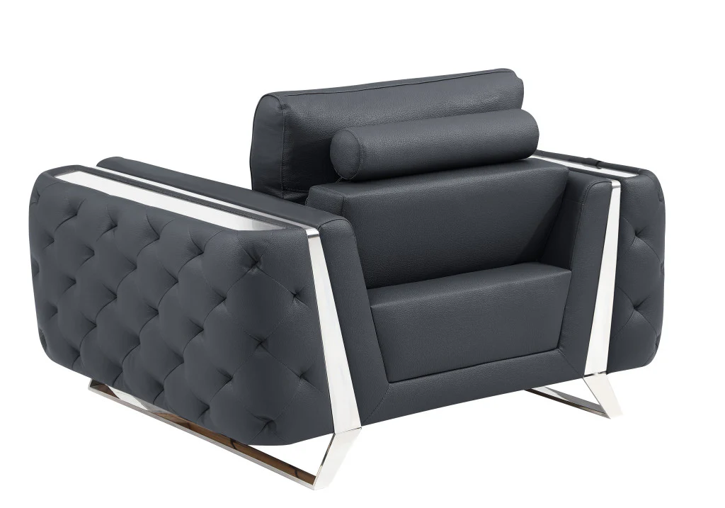 50" Dark Gray and Silver Faux Leather Tufted Arm Chair By Homeroots - Image 3