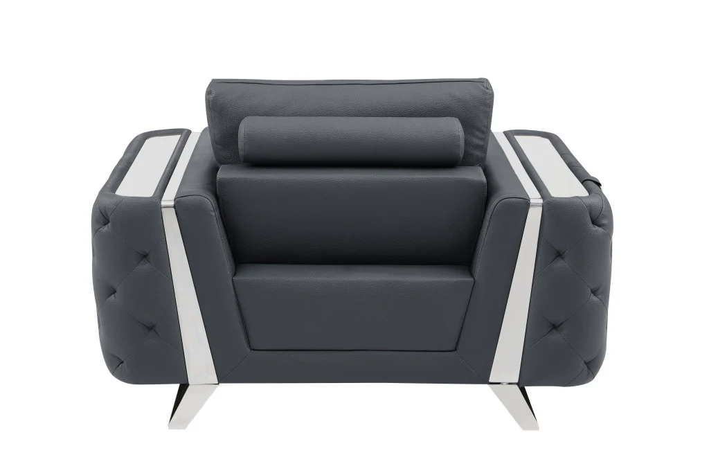 50" Dark Gray and Silver Faux Leather Tufted Arm Chair By Homeroots - Image 4