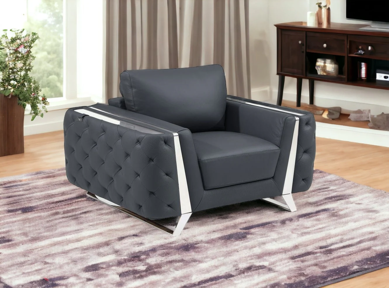 50" Dark Gray and Silver Faux Leather Tufted Arm Chair By Homeroots - Image 6