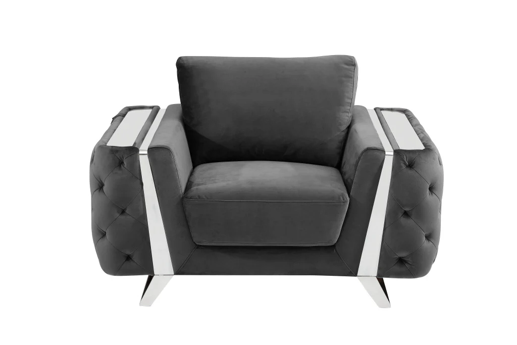 50" Dark Gray and Silver Velvet Tufted Arm Chair By Homeroots - Image 3