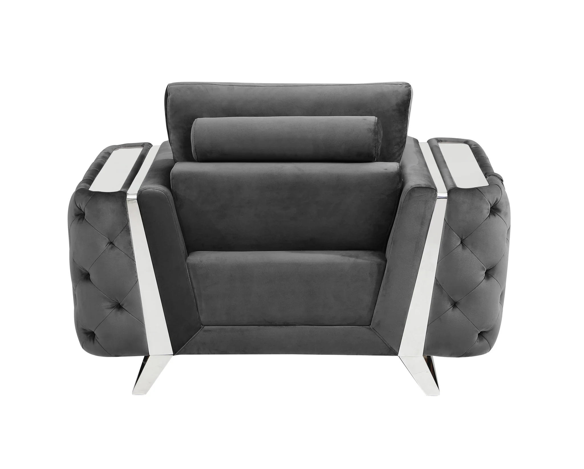 50" Dark Gray and Silver Velvet Tufted Arm Chair By Homeroots - Image 4