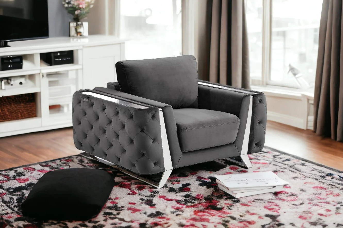 50" Dark Gray and Silver Velvet Tufted Arm Chair By Homeroots - Image 6